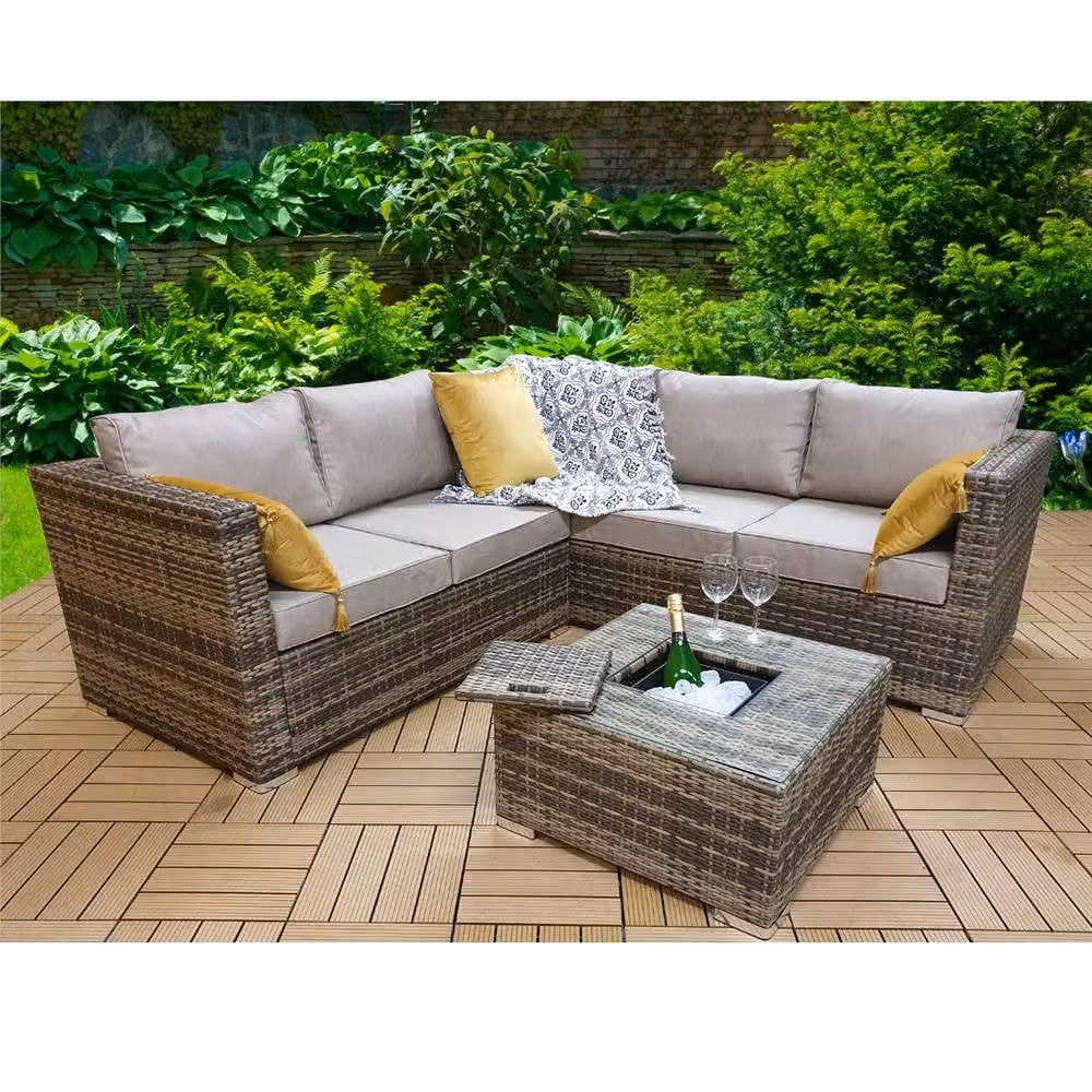 FURNITURE ONE 5 Seater Brown Rattan L-Shape Corner Patio Sofa Set with Outdoor Coffee Table and Upholstered Cushions – 4