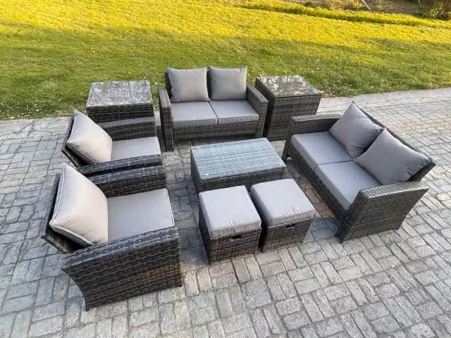 Fimous 9 Piece Outdoor Rattan Garden Furniture Set with Coffee Table in Dark Grey