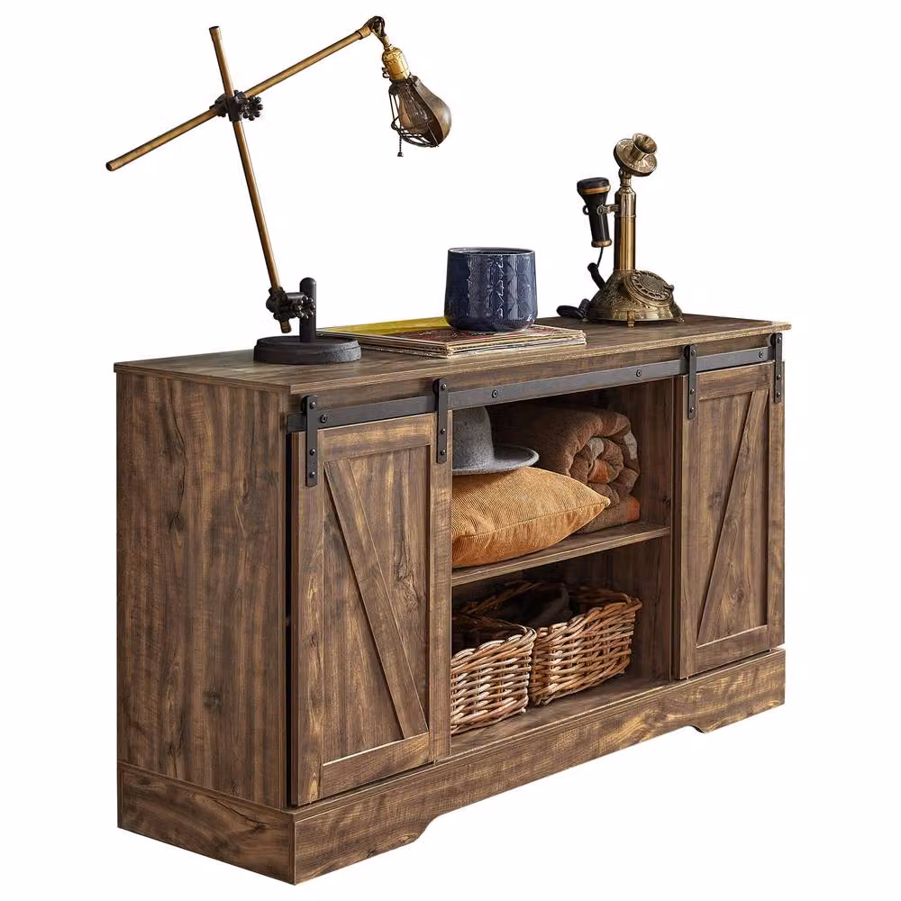 SoBuy Multifunctional Rustic Credenza with Sliding Barn Doors in Brown, W/D/H: 120 x 70 x 70 cm – 4