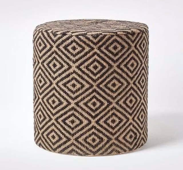 Homescapes Jute Round Pouffe with Black Herringbone Geometric Pattern