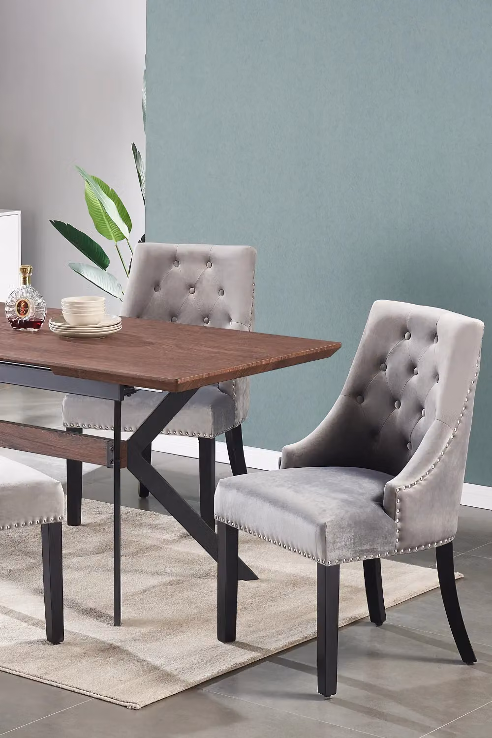 Life Interiors Windsor Velvet Upholstered Dining Chairs with Metal Ring and Wooden Legs, Dark Grey, Pack of 2 – 7