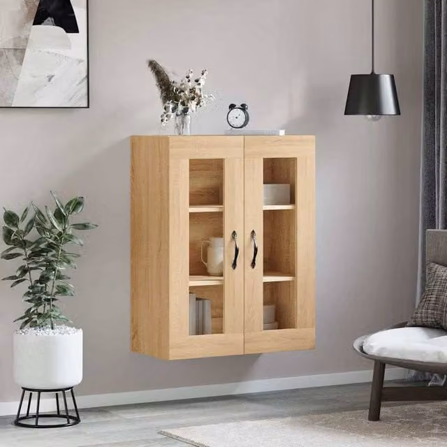 Berkfield Home Wall Mounted Cabinet in Sonoma Oak with Glass Doors, W/D/H: 69.5 x 34 x 90 cm