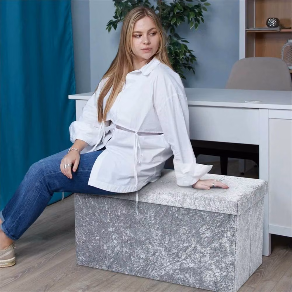 EONLION Grey Velvet Foldable Double Bed with Storage Box for 2 Adults, W/D/H: 150 x 76 x 38 cm – 3