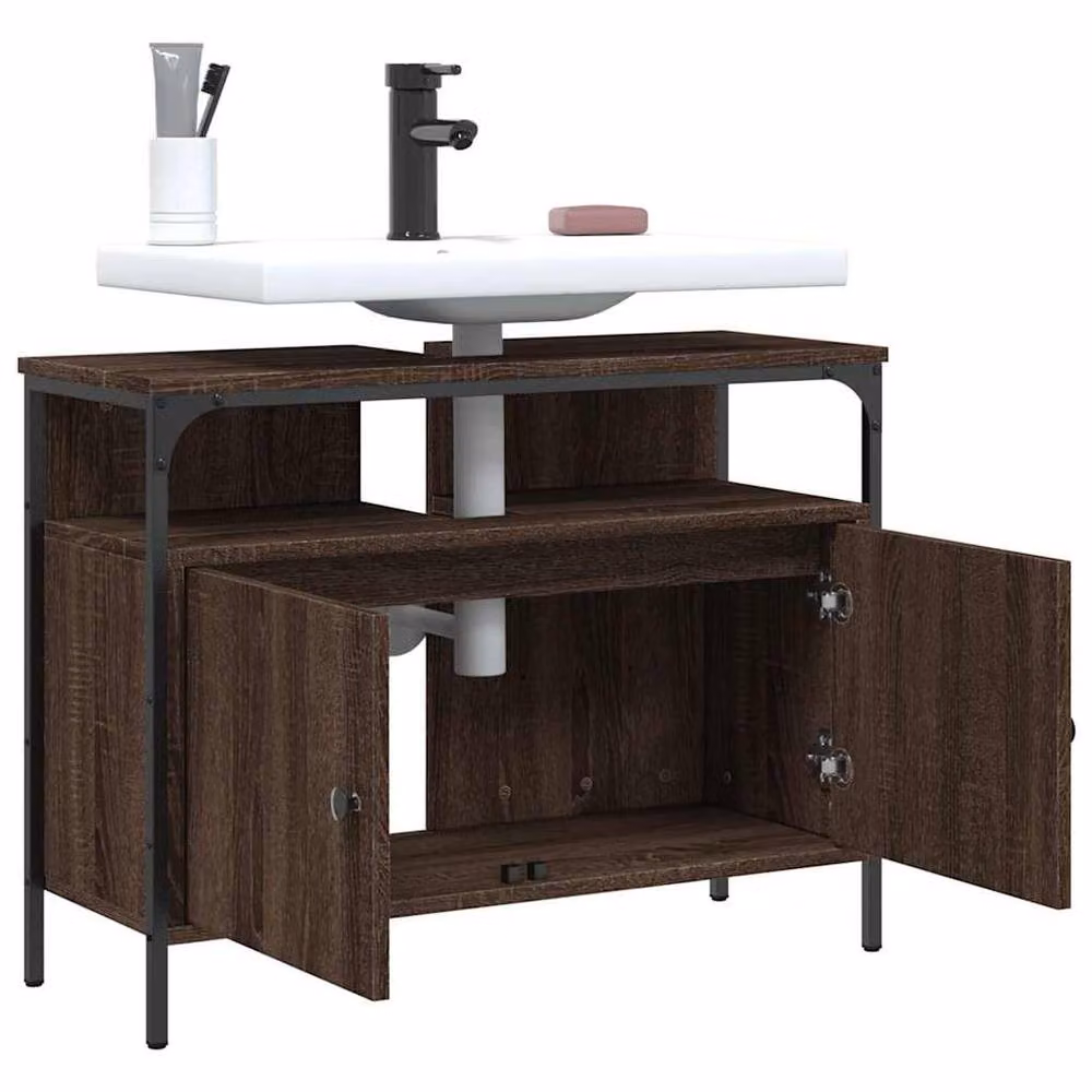 Berkfield Home Brown Oak Wall Mounted Bathroom Sink Cabinet W: 80 cm, D: 30 cm, H: 60 cm – 3