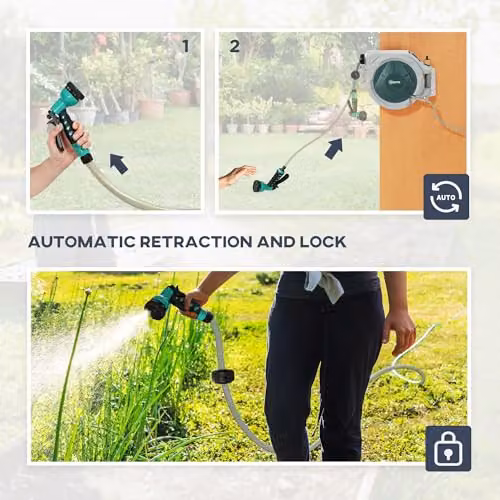Outsunny Wall Mounted Retractable Hose Reel in Light Grey and Green – 5