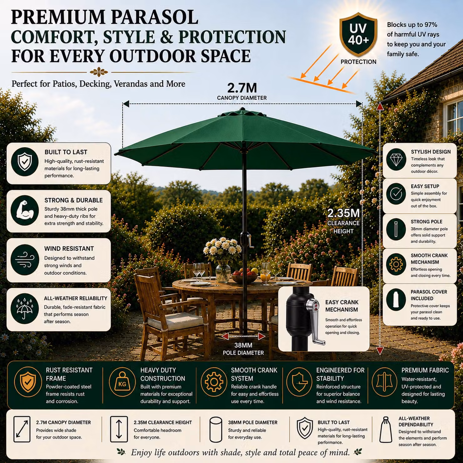 Glamhaus Green Garden Table Tilting Parasol with Crank, Waterproof Aluminium Umbrella, H 270 cm x W 235 cm – 2