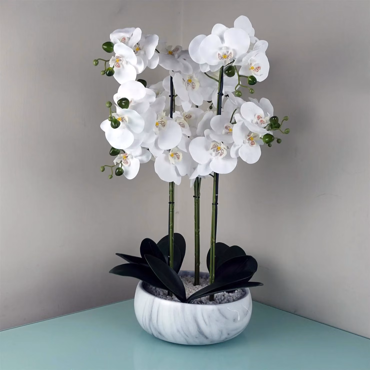 Leaf White Marble Effect Ceramic Orchid Artificial Planter in Green, Height: 60 cm – 5