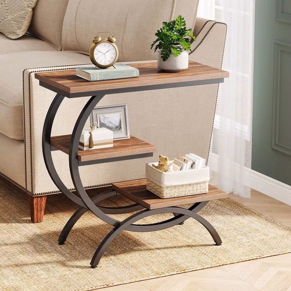 VOGREX 3 Tier Industrial Small Side Table in Brown Wood and Metal, W/D/H: 30 x 30 x 65 cm – 2
