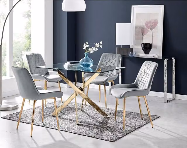FurnitureboxUK Leonardo Grey Glass Rectangular Dining Table with Four Pesaro Gold Leg Upholstered Chairs