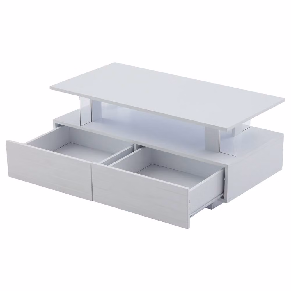 ModernLuxe LED Coffee Table with Open Storage and 2 Drawers in White – 2