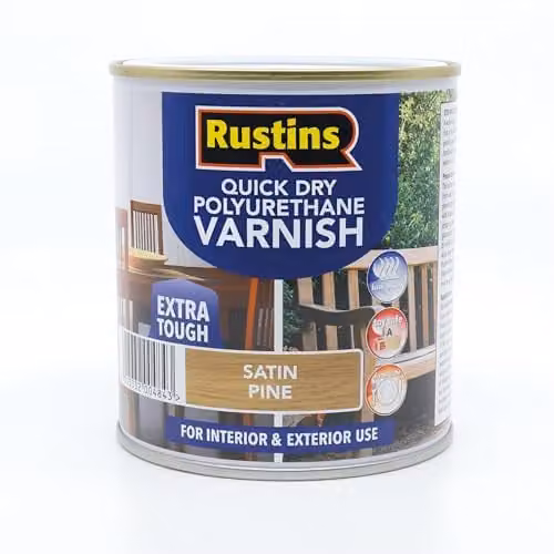 Rustins Quick Dry Polyurethane Varnish Satin Pine, 500ml, Water-Based Brown Semi-Transparent Finish