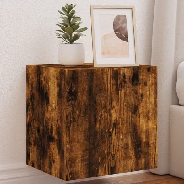 Berkfield Home Modern Wall Mounted TV Cabinet with LED Lights in Smoked Oak Brown, W/D/H: 40.5 x 35 x 40.5 cm