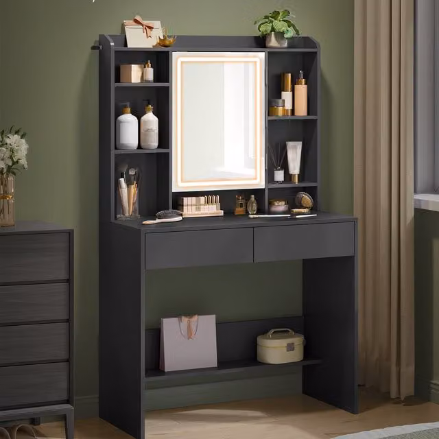 VASAGLE Hollywood LED Lighted Mirror Vanity Desk with Adjustable Shelves, Black
