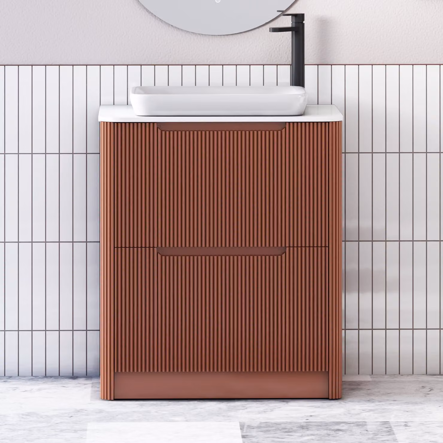 Royal Bathrooms Avenza Terracotta Clay Floor Standing 2 Drawer Vanity Unit with White Worktop and Qubix Basin, Width: 80 cm