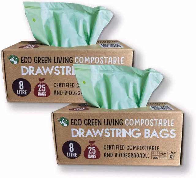 Eco Green Living Compostable Drawstring Bags, 8 Litre, Green, 50 Pack