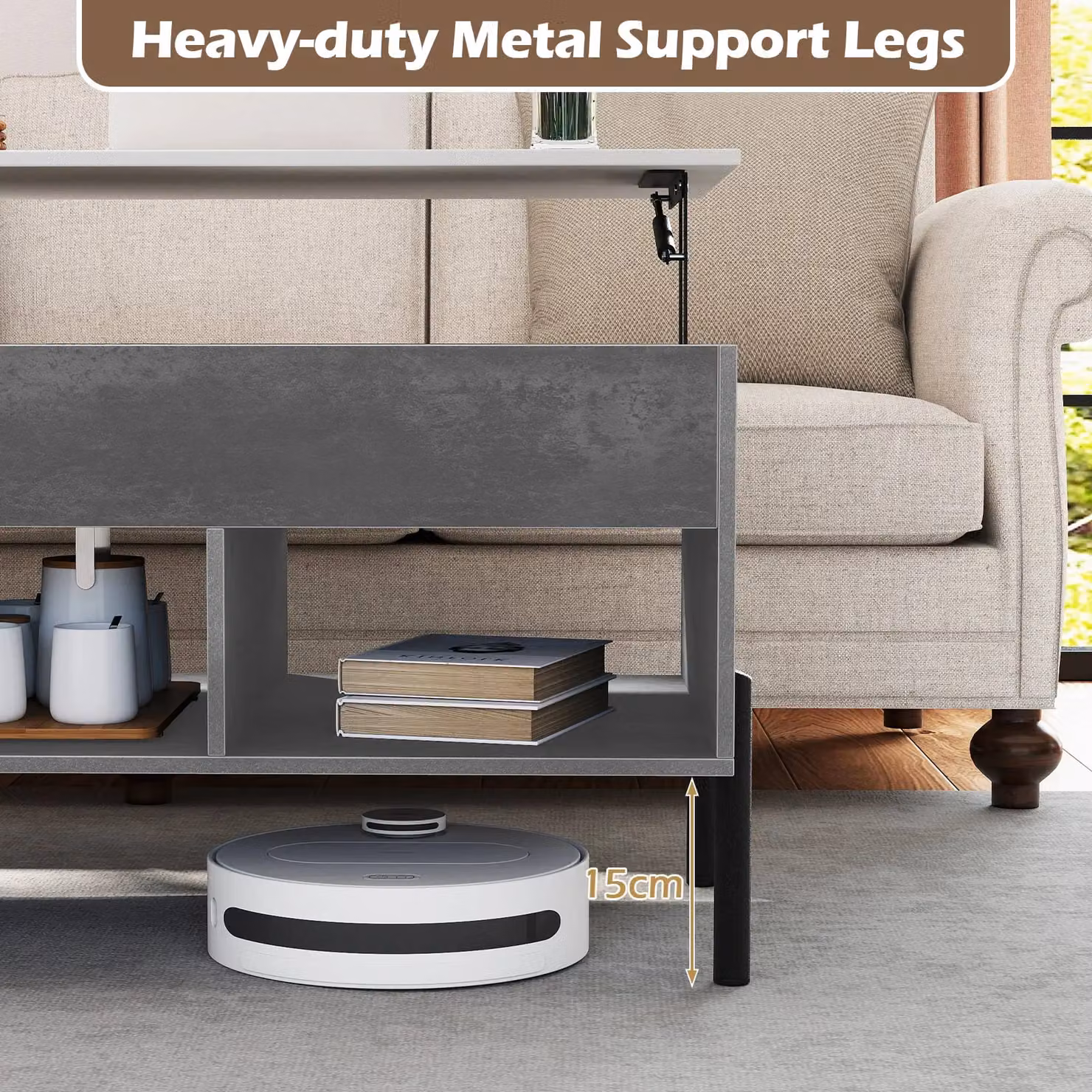 Gymax Modern Rectangular Lift-top Coffee Table with Metal Legs in Grey – 4