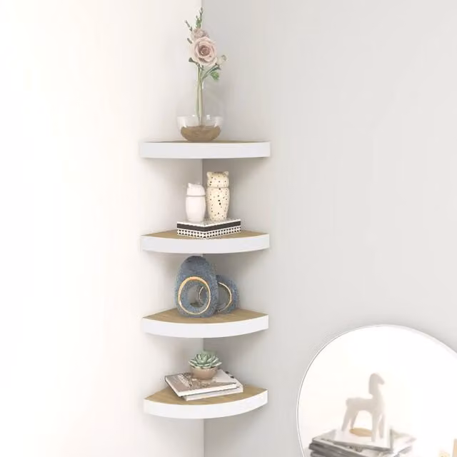 Berkfield Home Set of 4 Geometric Wall Corner Shelves in Oak and White MDF, W/D/H: 25 x 25 x 3.8 cm – 1