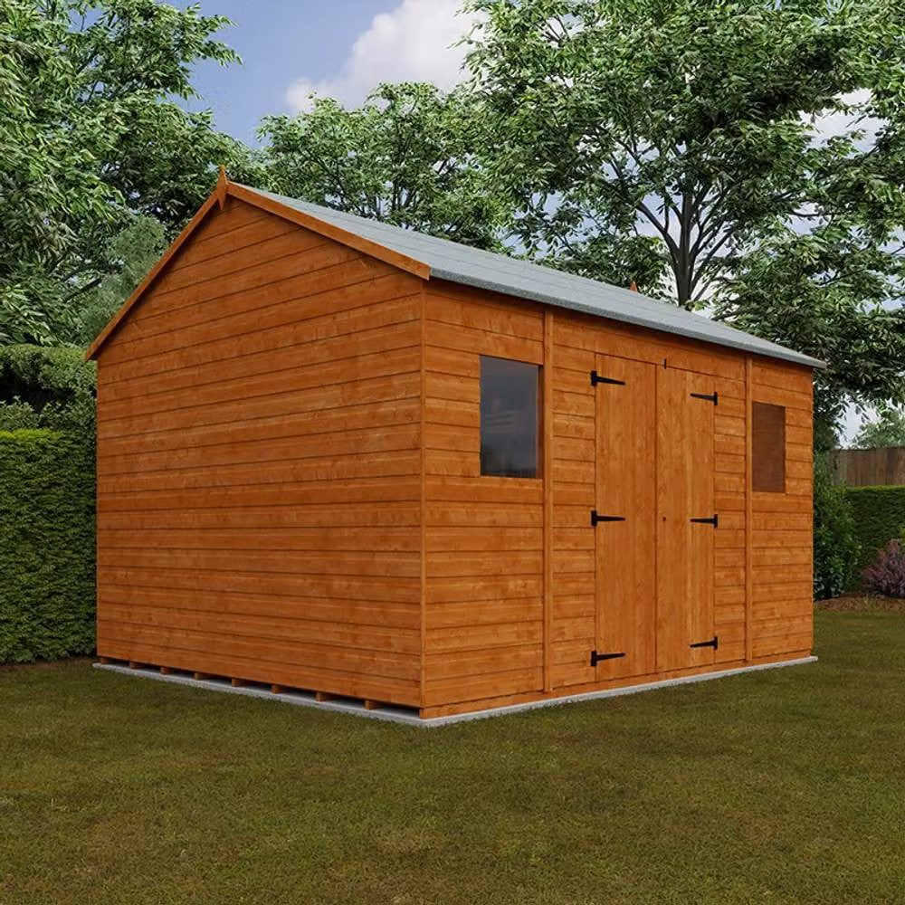 Buttercup Farm Workman Apex 12mm Wooden Shed in Burnt Orange with Double Doors and Window W/D/H: 3.66 x 3.05 x 2.00 m – 2