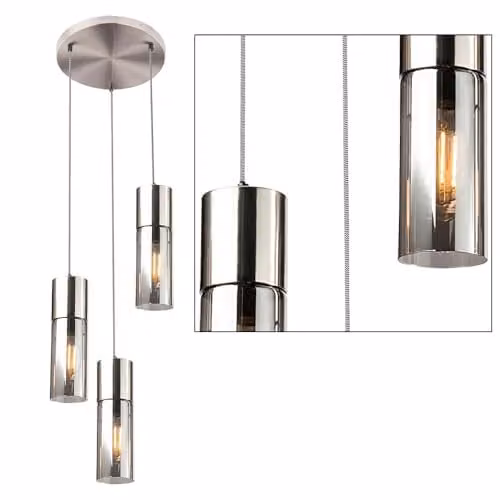Globo Lighting Modern Cylinder Suspended Pendant Light in Nickel Matt Silver with Transparent Glass and E27 Bulb Holder