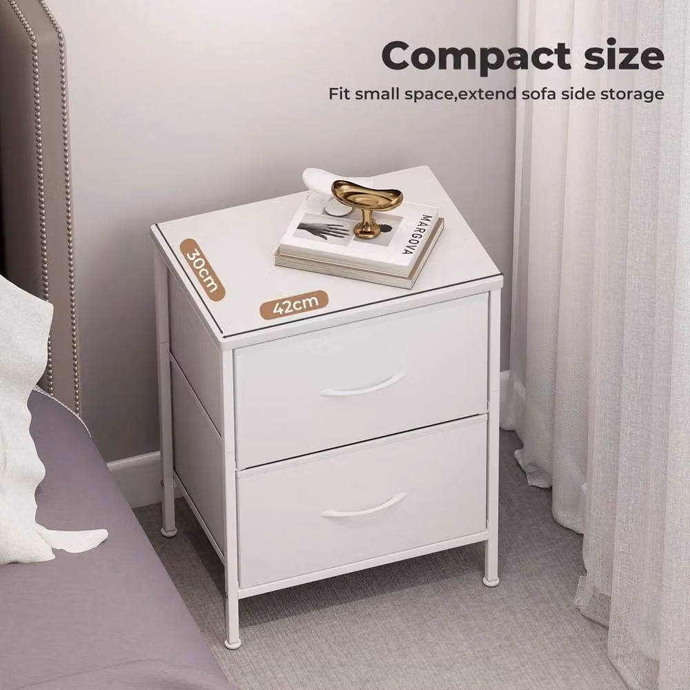 VOGREX 2 Fabric Drawer Storage Nightstand Bedside Table in White – 2