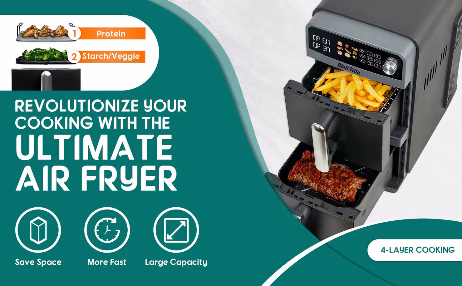 BiutiViita 10L Double Stack Air Fryer with Dual Zone Baskets in Black – 6