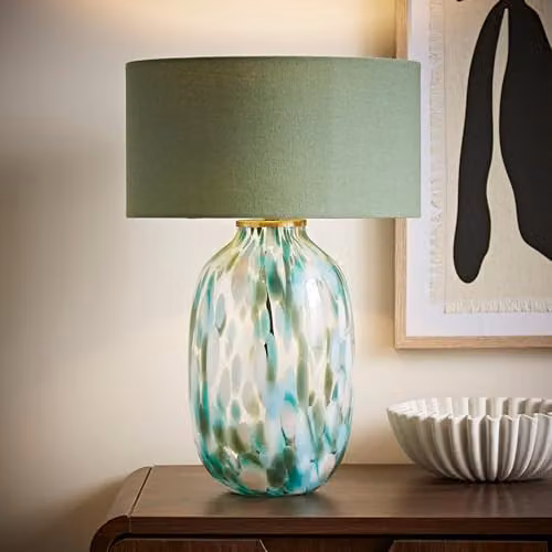 ValueLights Belinda Green Confetti Glass Table Lamp with Fabric Drum Shade and Bulb – 1