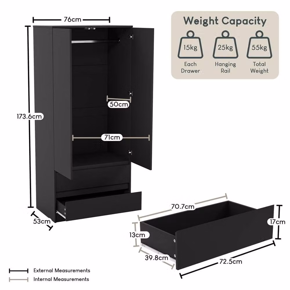 FORGEVIO Modern Black Matt 2 Door 2 Drawer Wardrobe with Integrated Drawers and Hanging Rod – 2