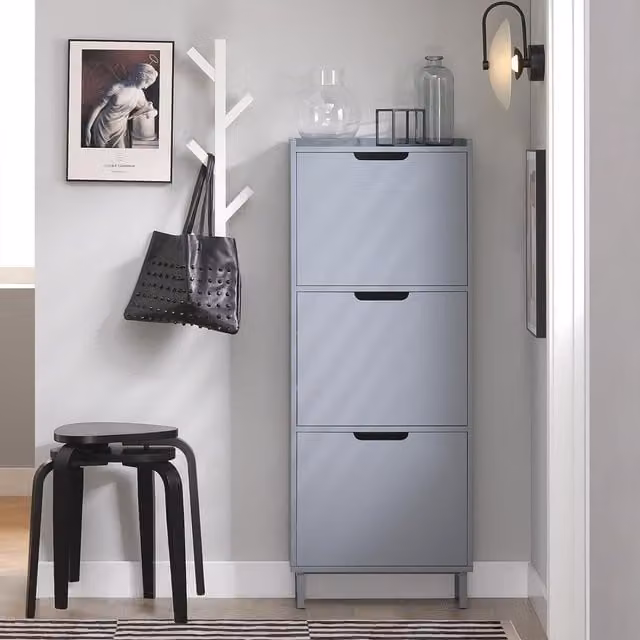 SoBuy Narrow Slim Wooden Shoe Storage Cupboard with 2 Tilting Compartments, Grey and White, W50 x D19.05 x H129 cm