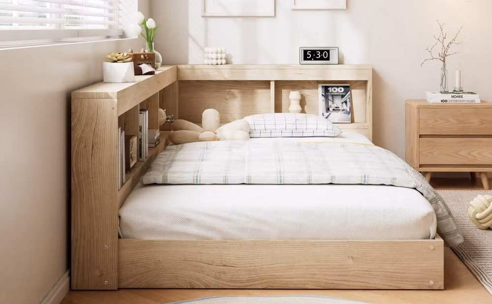 Rolipo Single Storage Bed with Side Shelves in Natural White Oak – 5