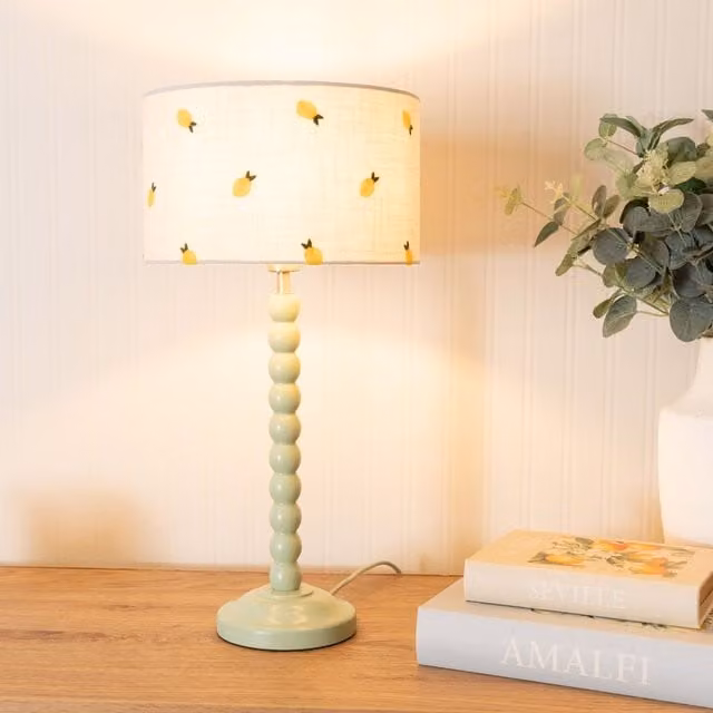 ValueLights Bobbins Sage Green Table Lamp with Lemon Embroidered Drum Shade and LED Bulb