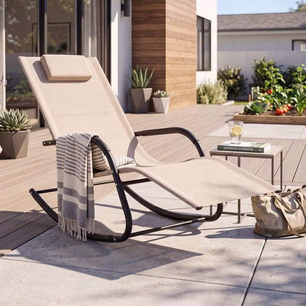 Costway Beige Patio Rocking Lounge Chair with Adjustable Headrest and Armrests – 3