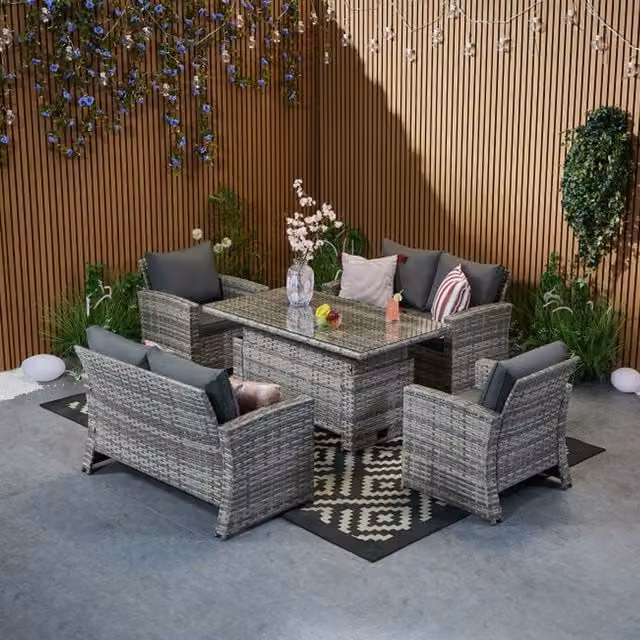Furniture Maxi 6-Seater Grey Rattan Garden Sofa Set with Lift-Up Glass Dining Table