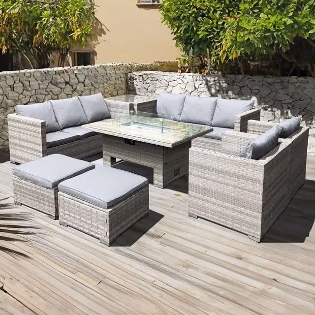 Oseasons Malta Rattan 10 Seat U-Shape Rising Firepit Set in Grey
