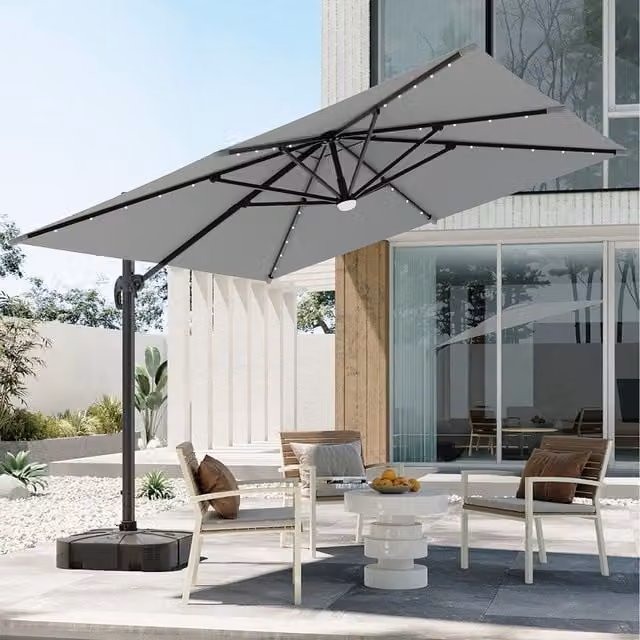 Komore Square Cantilever Parasol with Solar-Powered Lights in Grey and Black