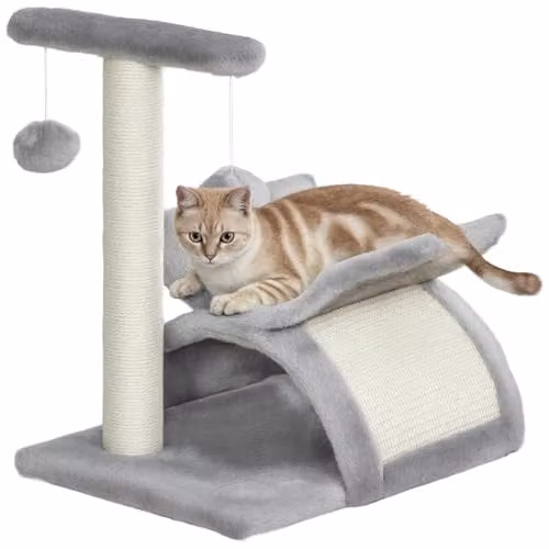 PawHut Grey Cat Tree with Rotatable Top Bar, Sisal Scratching Post, Tunnel and Integrated Toys – 1