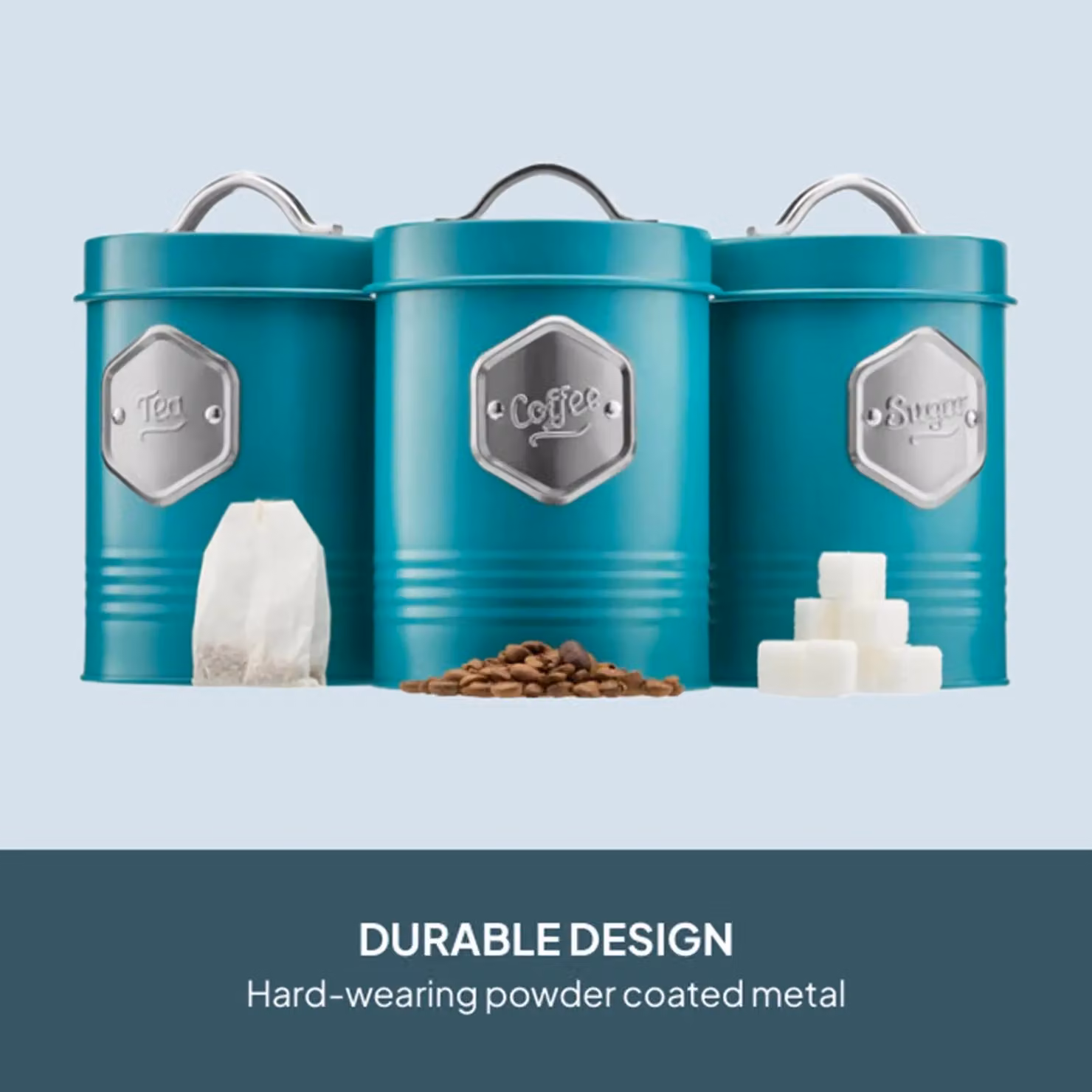Cooks Professional 3-Piece Tea, Coffee and Sugar Storage Canister Set in Petrol with Silver Labels – 5