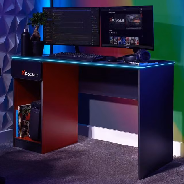 X Rocker Carbon-Tek RGB LED Gaming Desk in Grey and Red, W: 120 cm, D: 53.5 cm, H: 75.5 cm – 1
