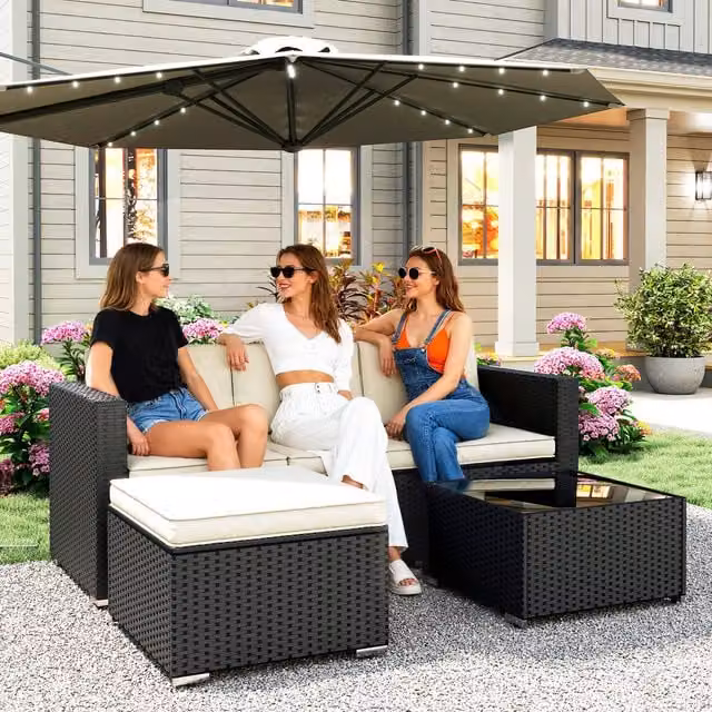 Outsunny Modern Black Wicker Garden Corner Sofa Set with Cushions