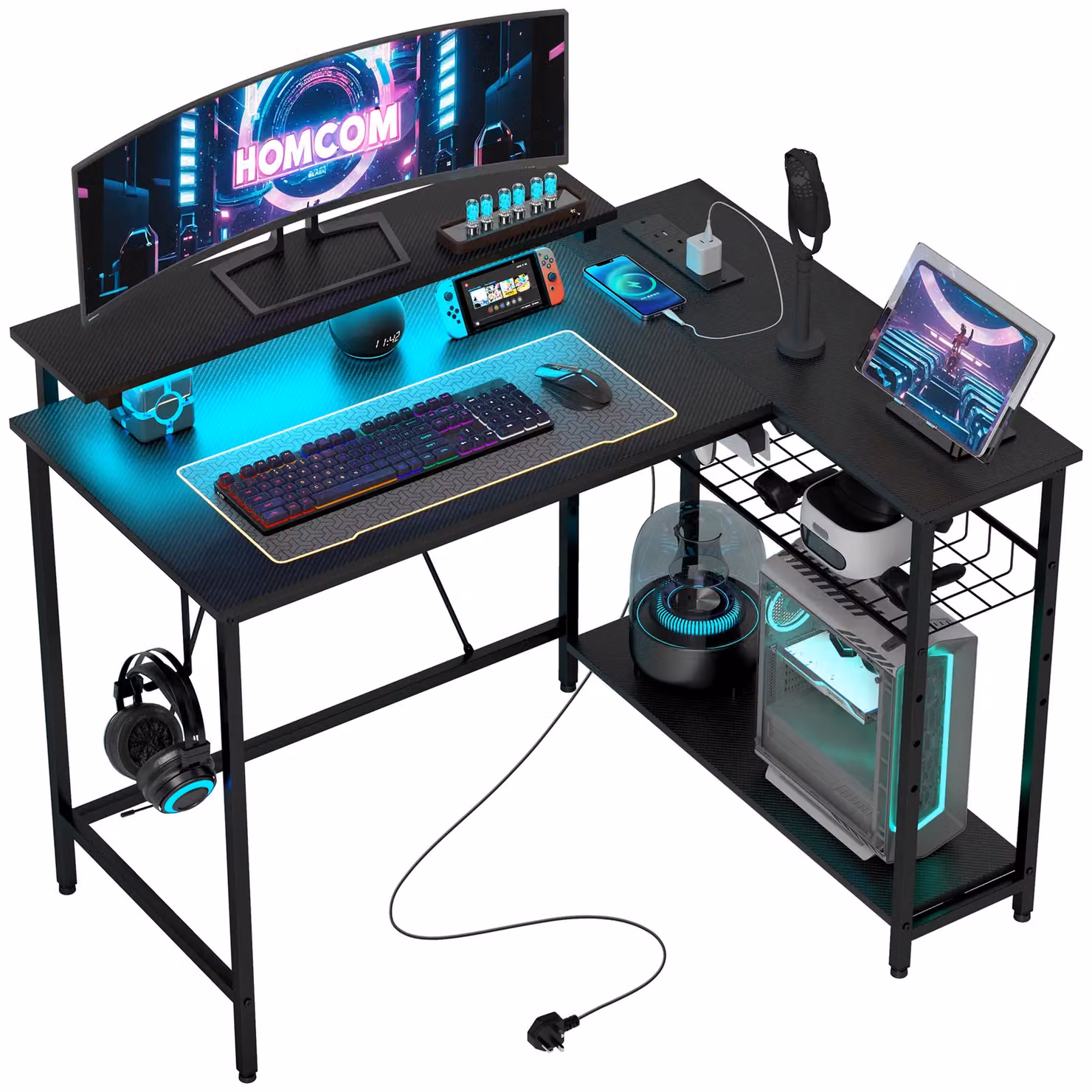 HOMCOM L Shaped Corner Desk with LED Lights and Storage in Black – 2