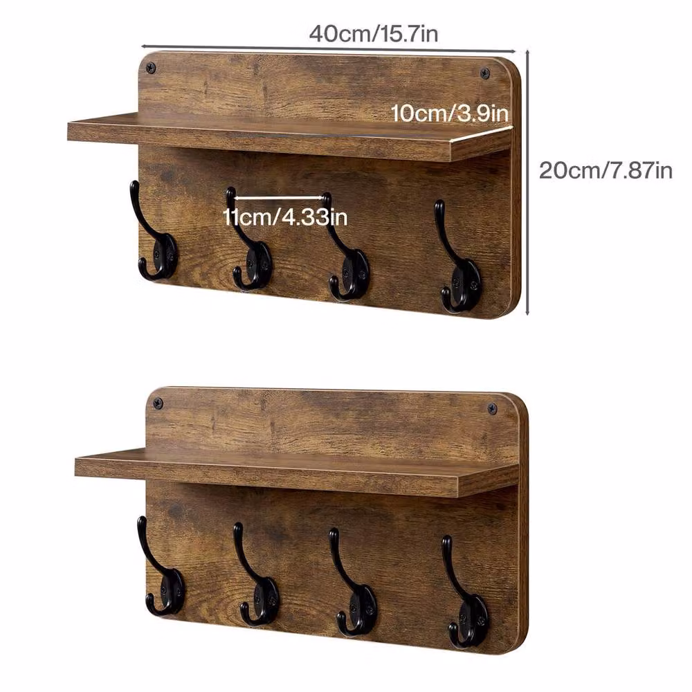 Levede 2 Piece Set of Brown Wooden Wall Mounted Coat Racks with 8 Hooks – 4