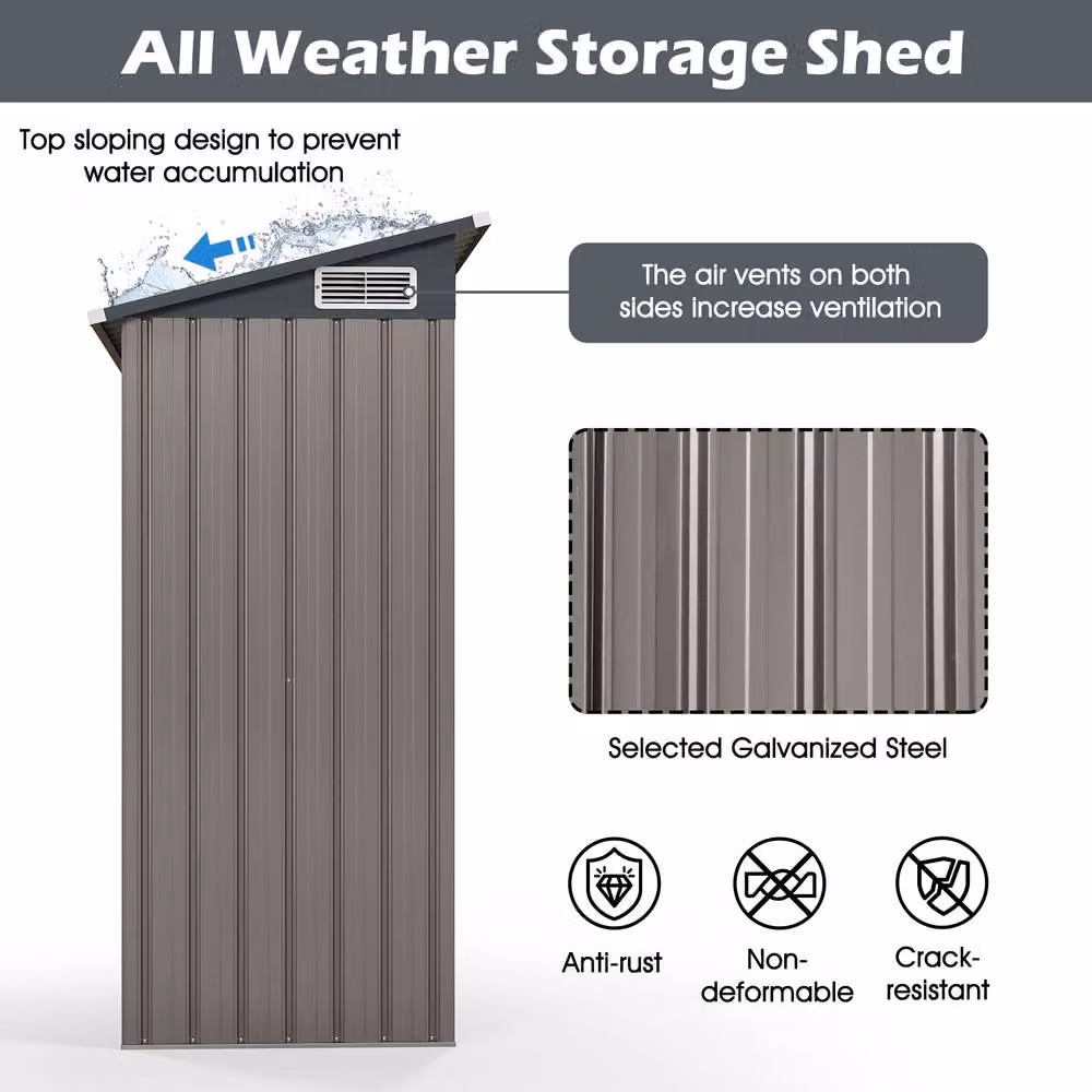 Costway Grey Pent All-Weather Metal Storage Shed with Sloping Design, W/D/H: 185 x 138 x 74 cm – 5