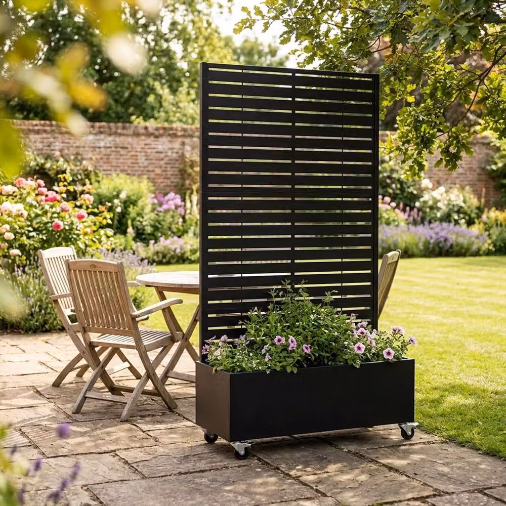 Nicoman Metal Indoor Outdoor Privacy Screen with Plant Pot, Horizontal Slats, Black, H 180 x W 90 x D 40 cm – 6