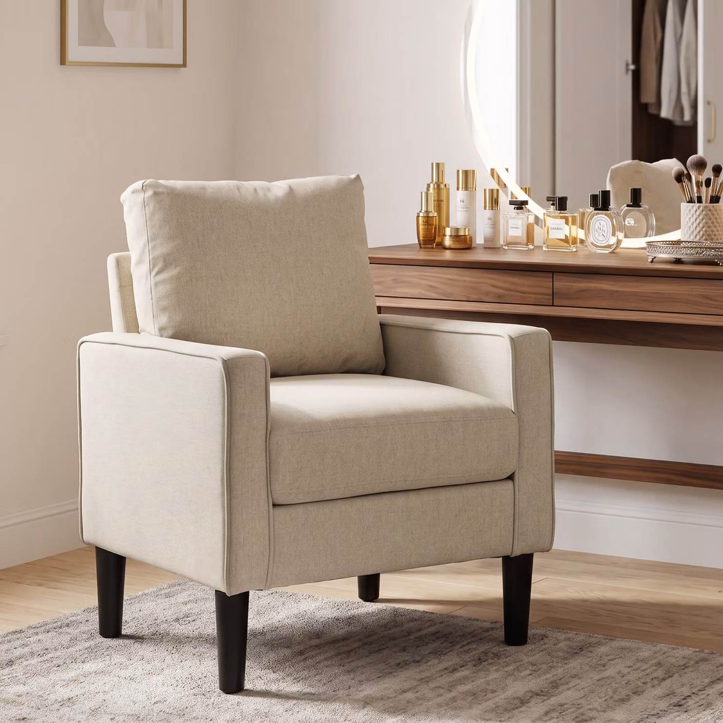 HOMCOM Beige Fabric Accent Tub Armchair with Spring Cushion and Armrests, H 84 x W 75 x D 68 cm – 2