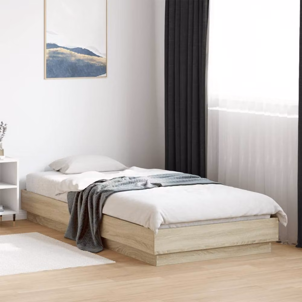 Berkfield Home Durable Bed Frame with LED Under-Bed Lighting in Light Oak, W/D/H: 100 x 203 x 103 cm – 2