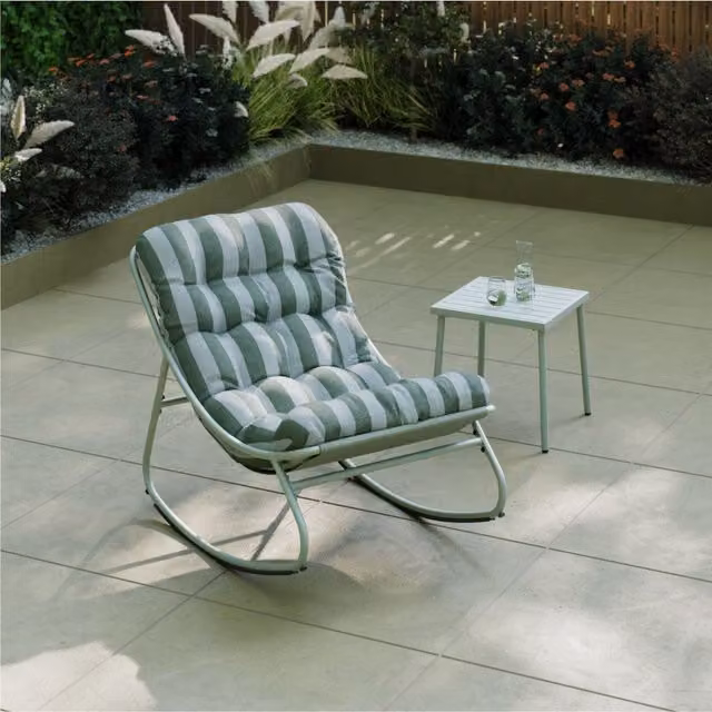 Charles Bentley Porto Striped Rocking Chair in Green with Cushions and Powder Coated Steel Frame