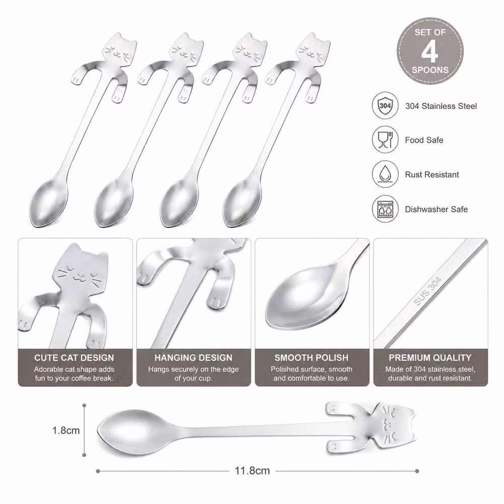 Lovii 4-Piece Polished Silver 304 Stainless Steel Cat Hanging Teaspoons – 3