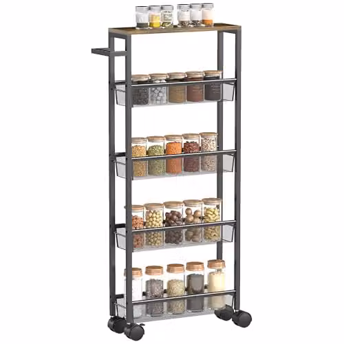 HOMCOM 5-Tier Slim Rolling Storage Trolley in Black with Metal Frame and Castors, W/D/H: 47 x 13 x 96.5 cm