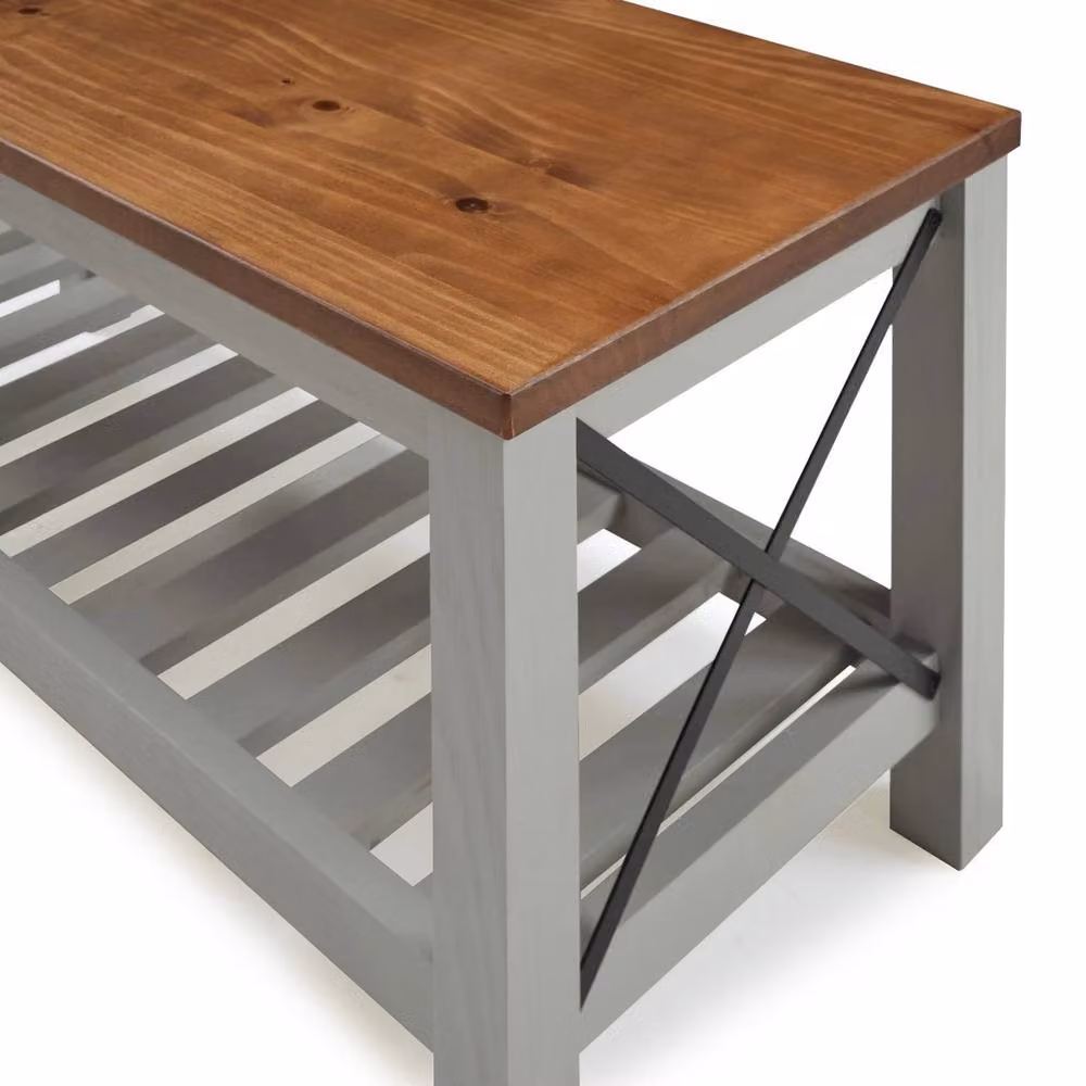 FORGEVIO Cottage Bench Grey Painted Pine Wooden Shoe Rack and Storage Shelf – 4