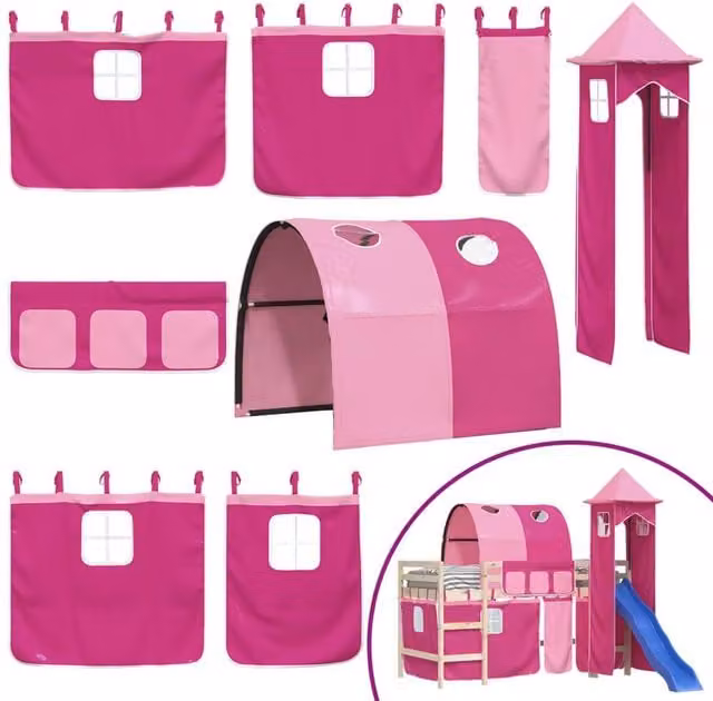 Berkfield Home Pink Opaque Polyester Curtains for Childrens Loft Bed with Tunnel and Tower – 1