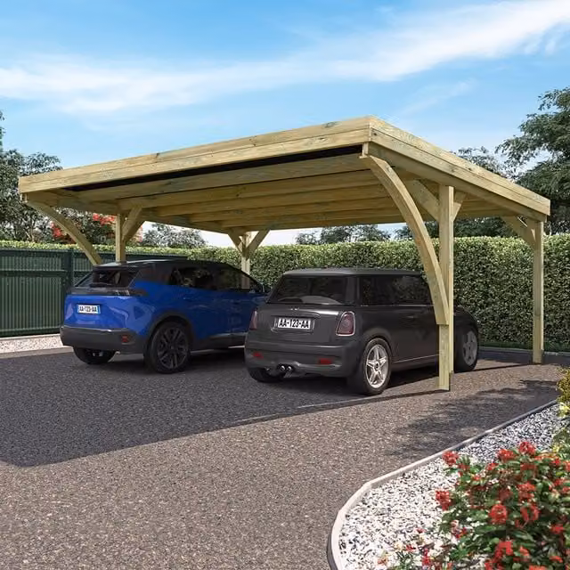 Cerland Victor Modern Double Wooden Carport, Pent Style, Brown and Yellow, Freestanding